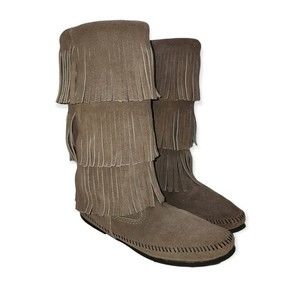 Minnetonka 3 Layer Fringe Genuine Leather Gray Mid Calf Moccasin Boots Size 10